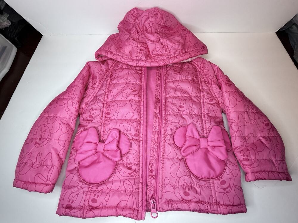 Disney‎ Collection Minnie Mouse All Over Print Hooded Puffer Jacket Pink Sz 2